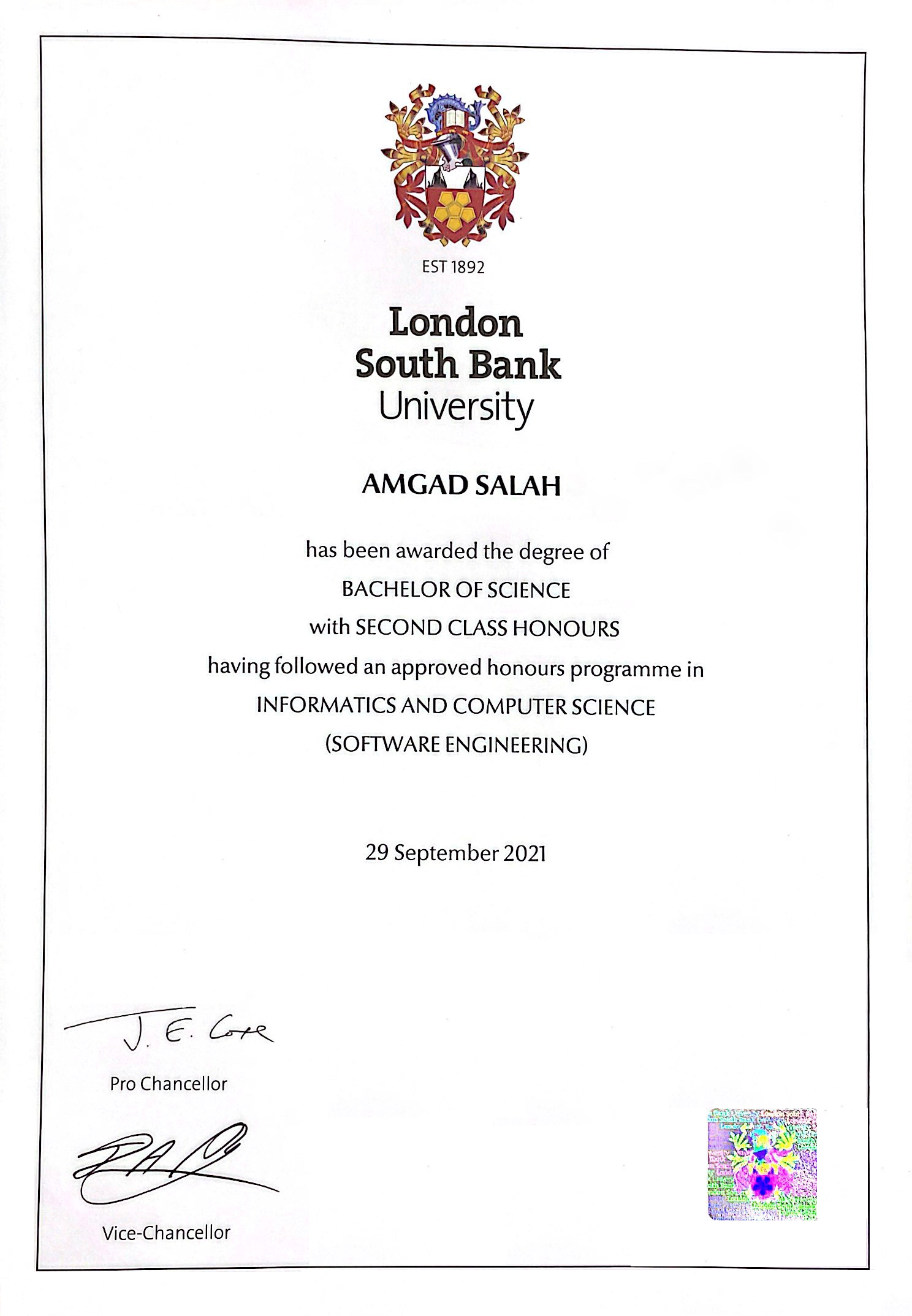 London South Bank University certificate